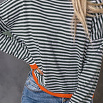 Striped Color Contrast Dropped Shoulder Long Sleeve Top