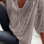 Cotton Linen Blend Patchwork Hollow Out Tassel Blouse