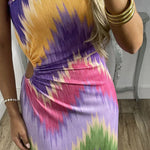 Irregular slanted shoulders blooming print slim dress