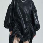 High-Low Long Sleeves Drawstring Pleated Solid Color Stand Collar Mini Dresses