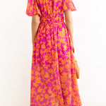 Elegant V-neck slim waist large swing skirt printed dress