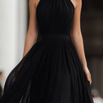 Black Halter Neck Pleated Chiffon Maxi Dress