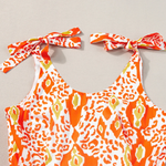 Orange Knotted Straps Leopard Colorblock Tiered Dress