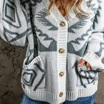 Light Grey Geometric Pattern Ribbed Trim Button Up Cardigan