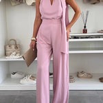 Deep Impression Solid Color Ribbon Neck Pocketed Wide Leg Jumpsuit