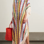 Mezcal Knit Colorful Zigzag Pattern Tassle Trim Loose Kaftan Maxi Dress