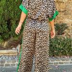 Leopard Print Color Block Short Sleeve Loose Shirt and Elastic Waist Pocket Pants Set