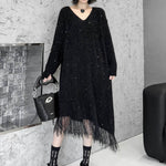 Irregularity Long Sleeves Contrast Color Sequined Shiny Split-Joint Tasseled V-Neck Midi Dresses Sweater Dresses