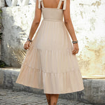 A-Line High Waisted Contrast Color Jacquard Pleated Split-Joint Adjustable Straps Midi Dresses