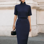 Sleek Navy Mandarin Collar Two-Piece Suit Set