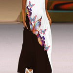 A-Line Loose Contrast Color Pockets Printed Split-Joint V-Neck Maxi Dresses