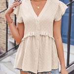 Hollow jacquard waist lace ruffle sleeve shirt
