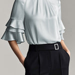 Half Sleeves Loose Layered Pleated Solid Color Split-Joint Mock Neck Blouses&Shirts Tops