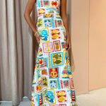 Vintage Oil Painting Art Print Wave Edge Sling Maxi Dress