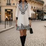 A-Line Long Sleeves Contrast Color Flower Print Hollow Split-Joint Stand Collar Mini Dresses