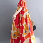 Artistic Retro Short Sleeves Loose Contrast Color Printed Round-Neck Midi Dresses