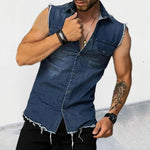 Men's Vintage Washed Raw Edge Lapel Sleeveless Denim Shirt