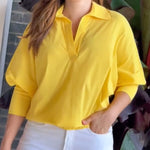 Loose Puff Sleeves Solid Color Lapel Blouses&Shirts Tops