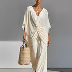 Women's Ivory Pleated Chiffon Set With Deep V-Neck & Twist-Front Detail, Timeless Luxe-Effortless Style Set