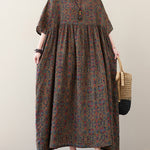 Vacation Loose Half Sleeves Floral Printed Pleated Round-Neck Midi Dresses