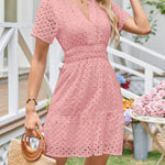 A-Line Loose Elasticity Hollow Pleated Solid Color Split-Joint V-Neck Mini Dresses