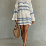 Women's Vacation Style Openwork Knit Striped Mini Dress
