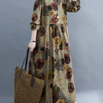 Artistic Retro Loose Long Sleeves Printed Round-Neck Maxi Dresses