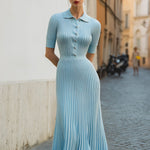 Sky Rib-Knit Polo Maxi Dress ��� Pleated A-Line Silhouette
