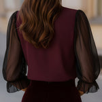 Sheer Puff Sleeve Button-Up Blouse