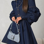 A-Line Long Sleeves Buttoned Pleated Split-Joint Tied Waist Mock Neck Mini Dresses