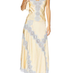 Light gold satin V-neck camisole with blue lace trim + matching skirt set