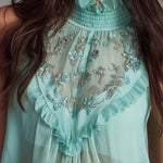 Vintage Elegant Mint Embroidered High-Neck Chiffon Top
