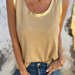 Tan Contrast Trim Round Neck Tank Top