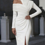 Irregularity Long Sleeves Asymmetric Pleated Solid Color Split-Front Split-Joint Split-Side High Neck Midi Dresses