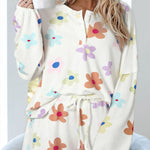 White Floral Print Henley Top & Drawstring Shorts Loungewear Set