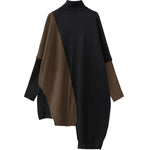 Batwing Sleeves Hipster Asymmetric Contrast Color Split-Joint High-Neck Midi Dresses Sweater Dresses