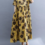Loose Short Sleeves Pleated Printed Split-Joint Round-Neck Midi Dresses