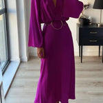 Long-sleeved Retro Waist V-neck Dress