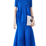 Casual Short Sleeves Pleated Solid Color Round-Neck Midi Dresses