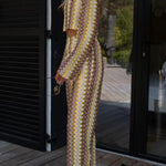 Tamia Knit Colorful Wave Unique Print Crop Top and Stretch Wide Leg Pants Set