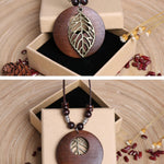 Vintage Alloy Leaf Wooden Pandent Necklace