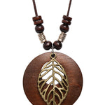 Vintage Alloy Leaf Wooden Pandent Necklace