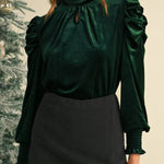 Green Keyhole Neck Puff Sleeve Velvet Blouse