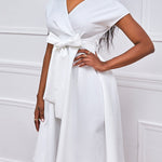 Bowknot Lace-Up Solid Color V-Neck Midi Dresses