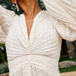 Wedding Guests Pleated Textured Chiffon Fabric Balloon Sleeve Open Back Maxi Dress