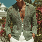 Men's Retro Casual Hollow Knit Lapel Long Sleeve Shirt