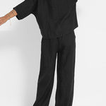 Linen Blend Solid Color Casual Round Neck Top and Loose Wide-leg Pants Set