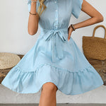 A-Line Loose Buttoned Pleated Polka-Dot Tied Waist Round-Neck Mini Dresses