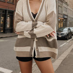 Knitted Jacket V-Neck Pocket Colorblock Cardigan Sweater