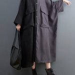 Casual Long Sleeves Loose Buttoned Contrast Color Split-Joint Lapel Collar Midi Dresses